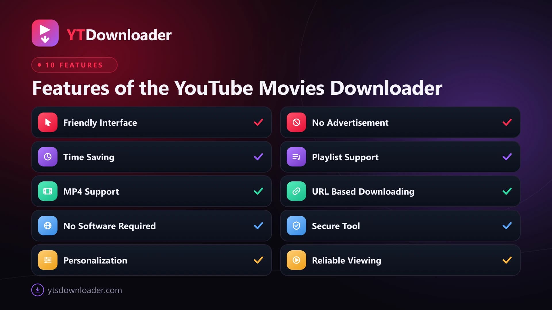 Ten numbered feature tiles for the movie downloader: friendly interface, fast saving, MP4 support, no software, personalization, no ads, playlists, URL downloads, security and offline viewing