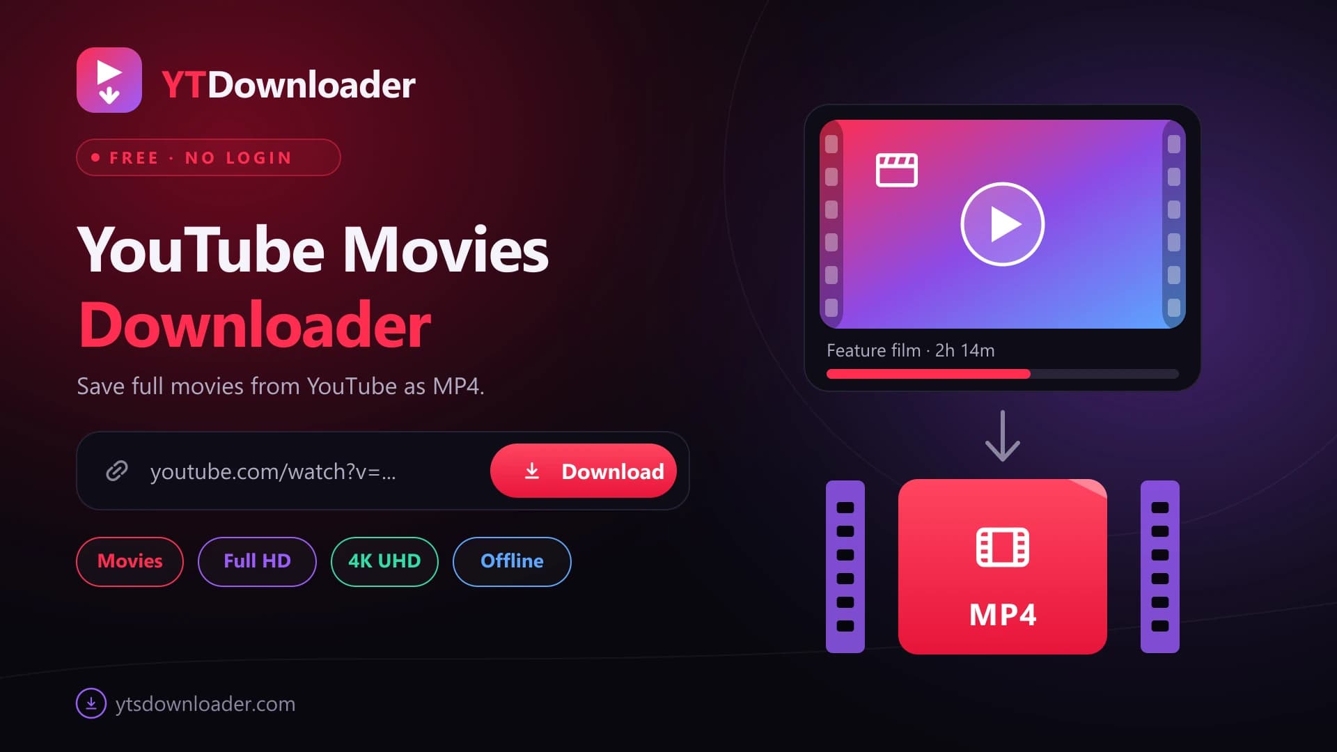 YouTube Movies Downloader screen with a movie link in the paste bar and a film poster card saving as an offline MP4 file