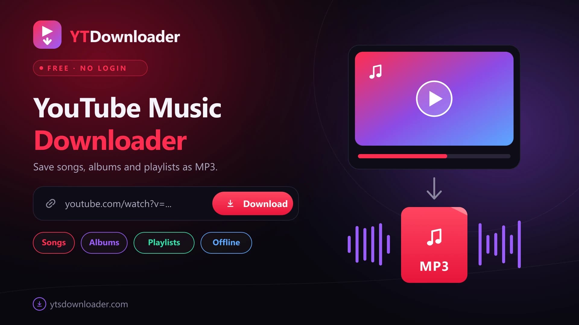 YouTube Music Downloader with a link paste bar and download button beside an album card turning into an MP3 audio file