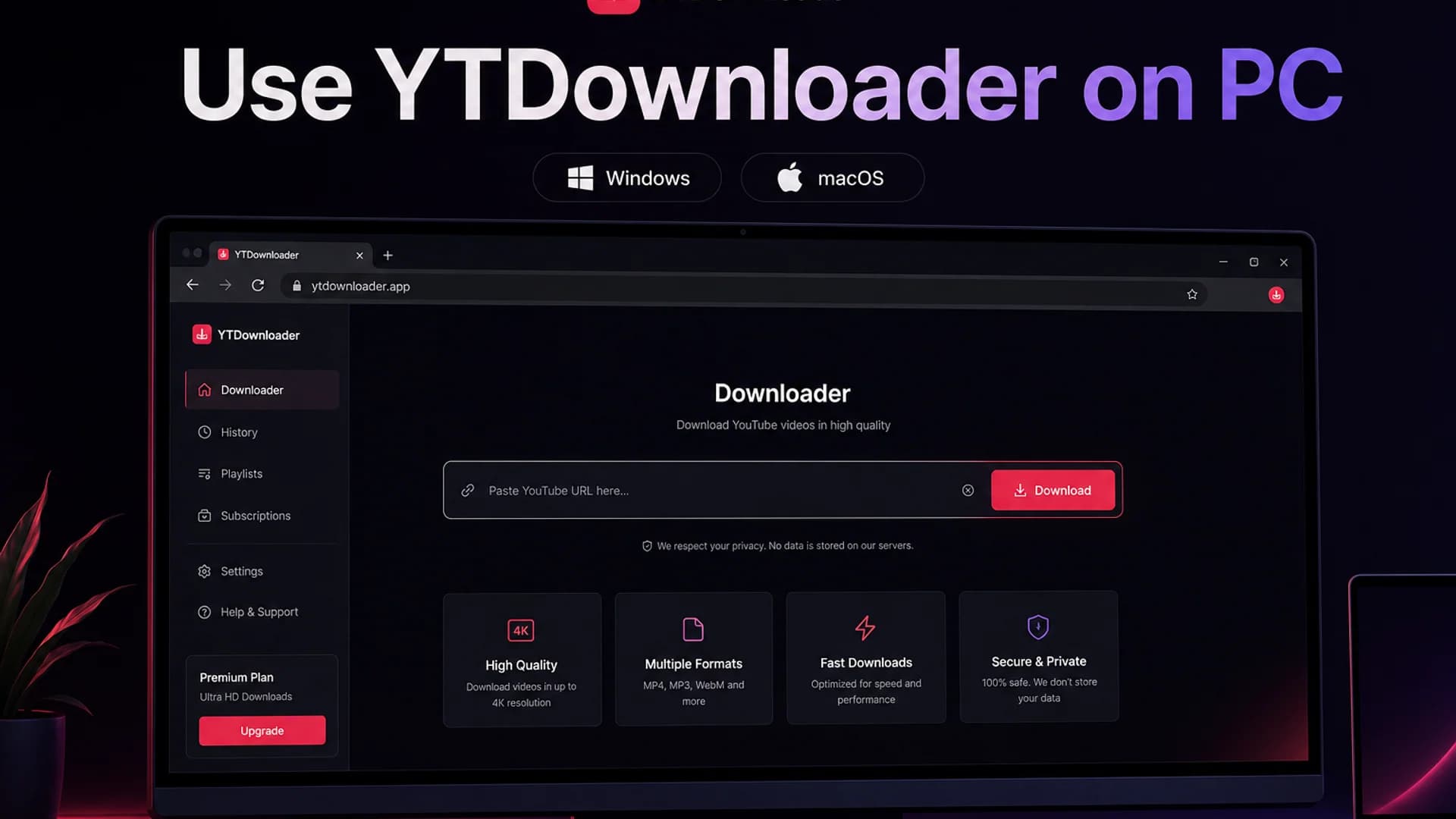 Use YTDownloader on PC Desktop monitor mockup of the YTDownloader web app on Windows and macOS