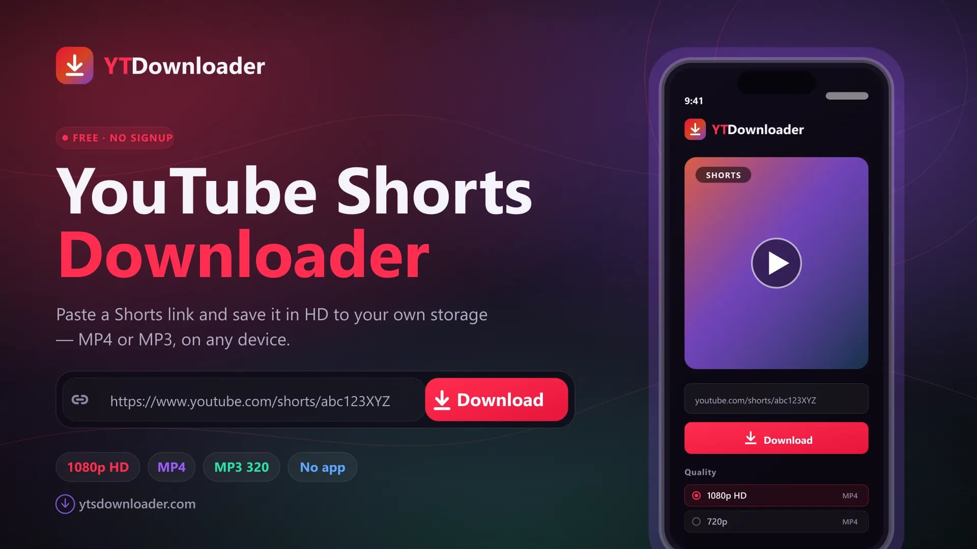Download YouTube Shorts in HD YouTube Shorts Downloader web app with a Shorts URL paste bar, HD quality chips and a phone previewing a vertical Short
