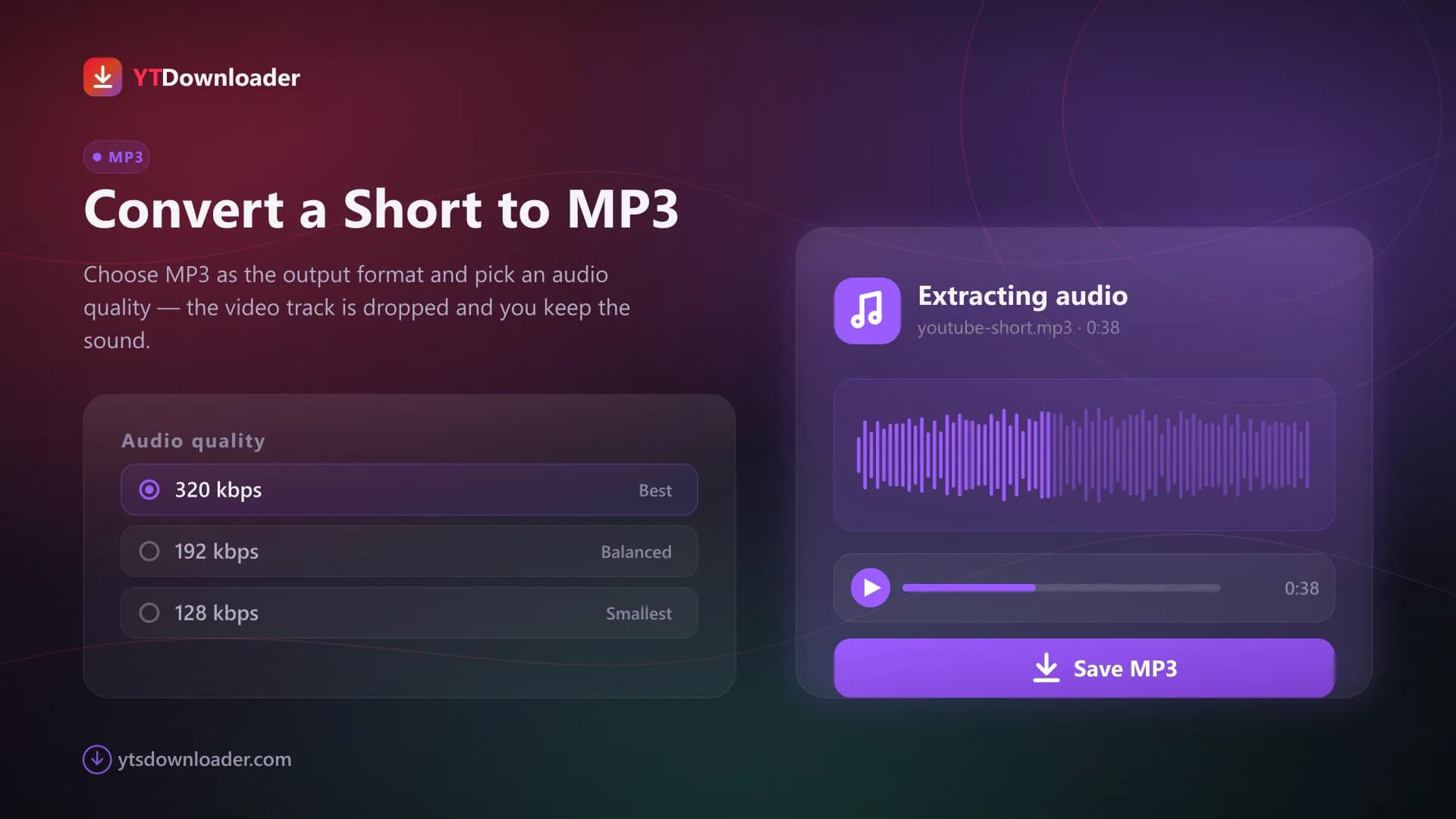 Converting a Short to MP3 Audio extraction panel converting a YouTube Short to MP3 with a waveform, a player and 320, 192 and 128 kbps options