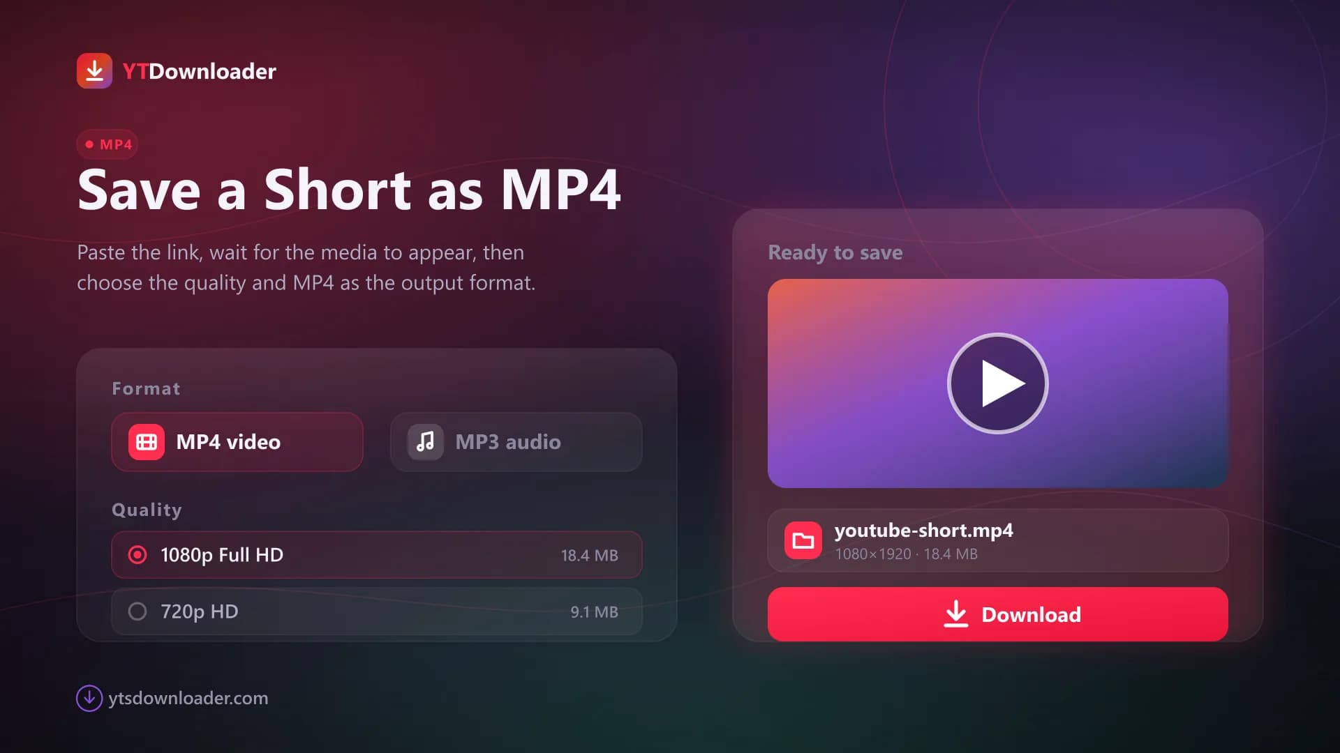 Saving a Short as MP4 Format and quality picker with MP4 video selected at 1080p next to a ready-to-save Shorts file card