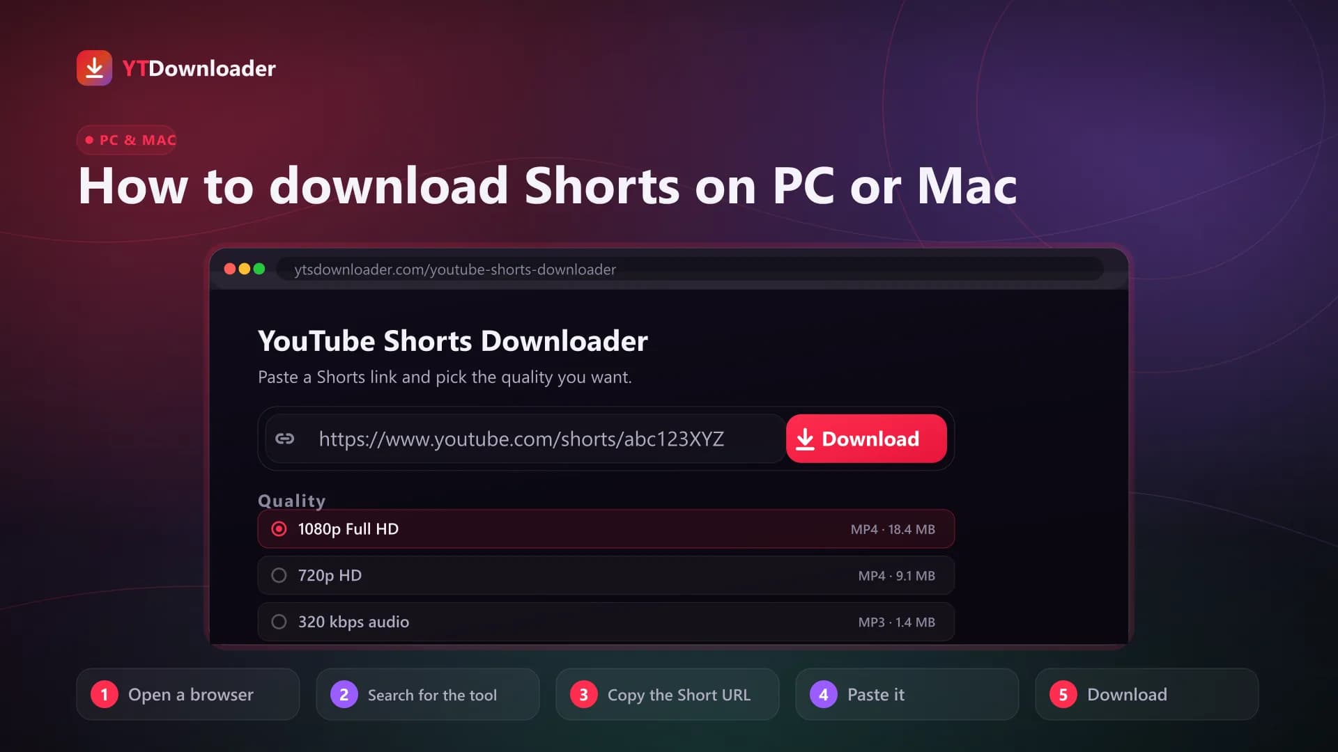 The desktop flow Desktop browser window on PC or Mac running the Shorts downloader with a pasted link and a 1080p quality selection