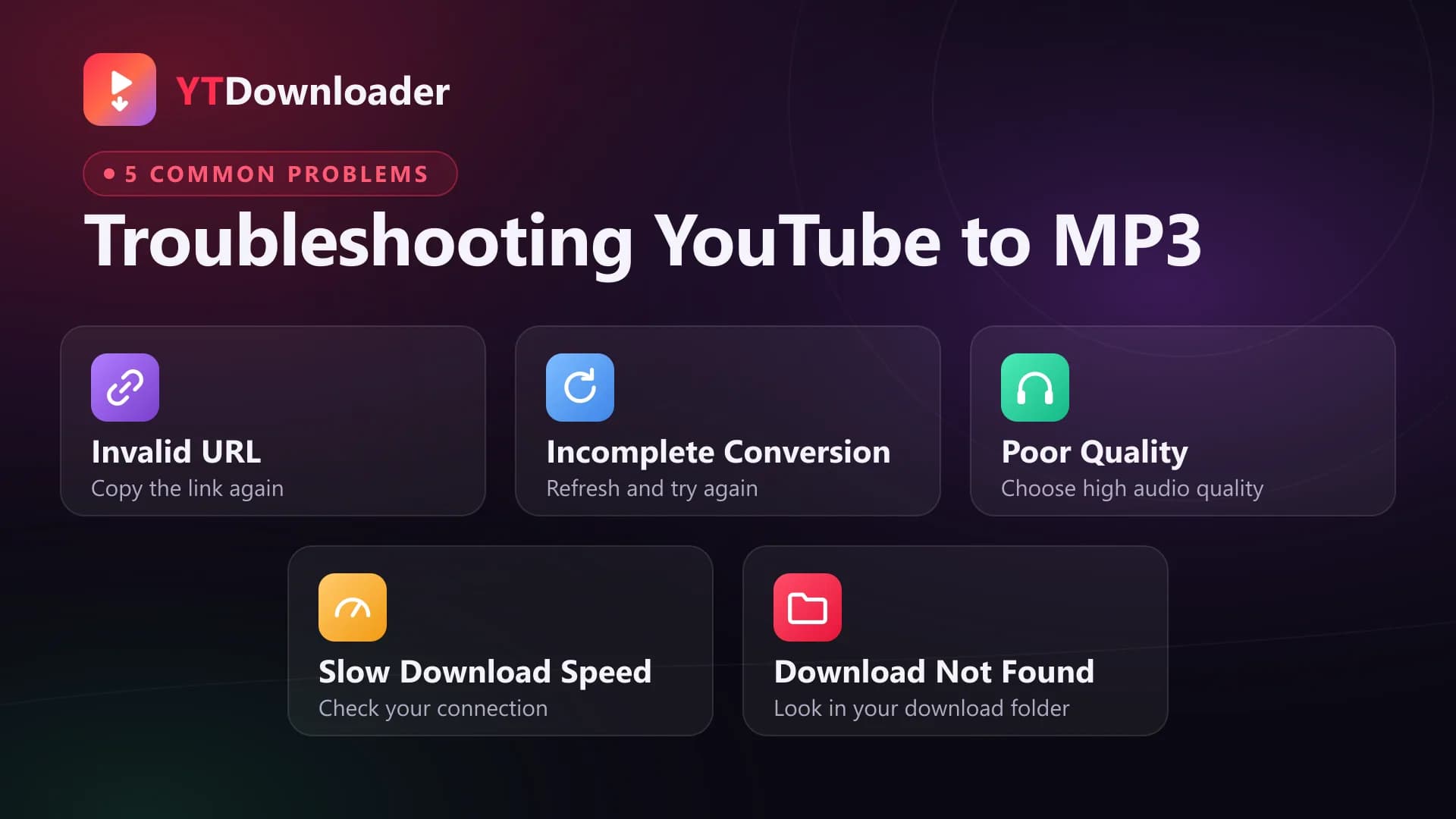 Troubleshooting YouTube to MP3 Five YouTube to MP3 troubleshooting cards: invalid URL, incomplete conversion, poor quality, slow download speed, download not found