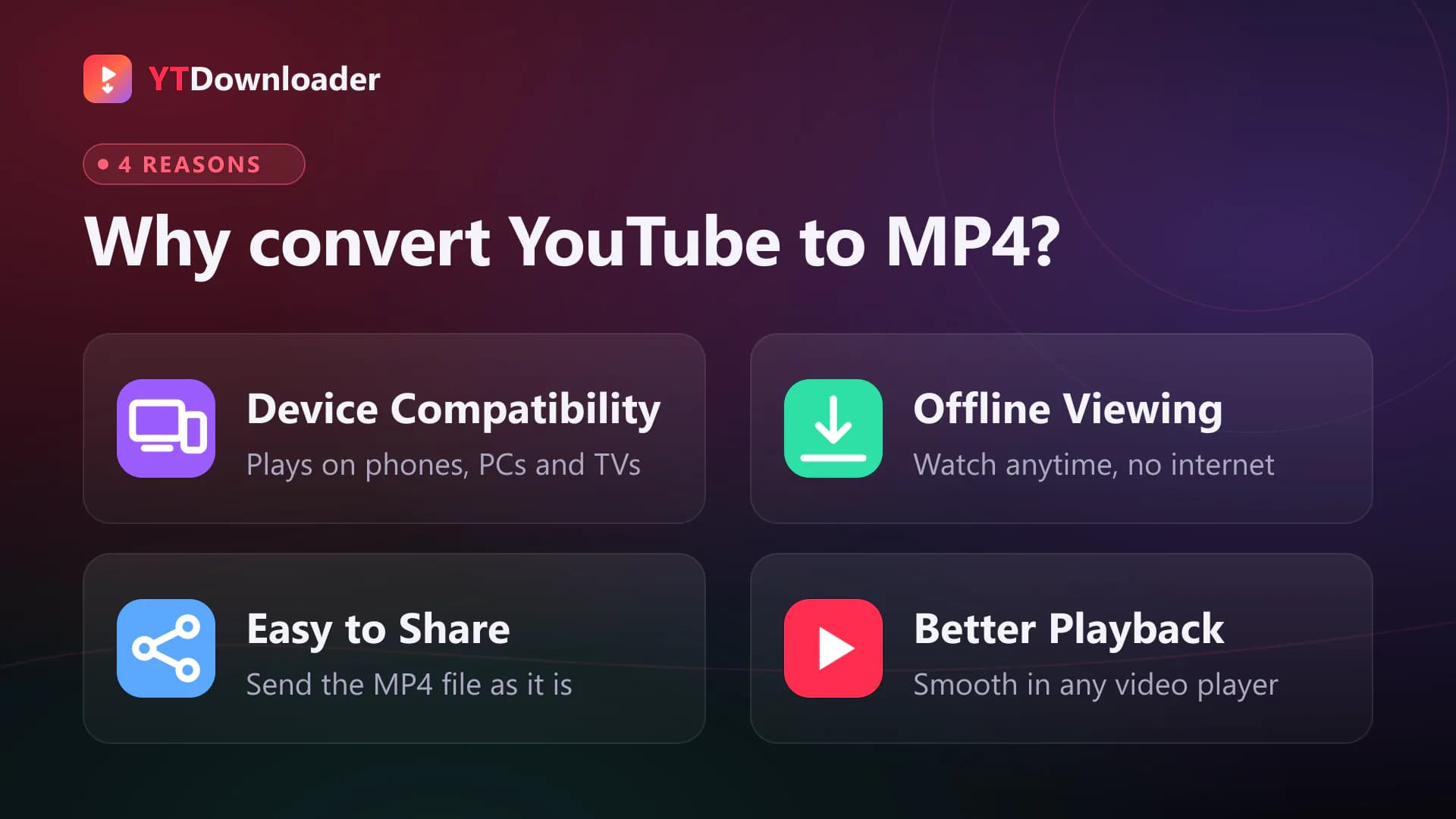 Why convert YouTube to MP4 Four reasons to convert YouTube to MP4: device compatibility, offline viewing, easy sharing and better playback